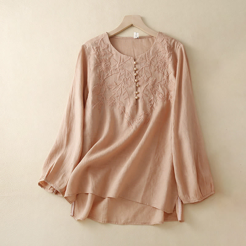 Chemises décontractées en coton et lin pour femmes, broderie florale, col rond, manches longues, Buddha Stones - Saumon clair - US/UK/AU40，EU50 (2XL) - image 0