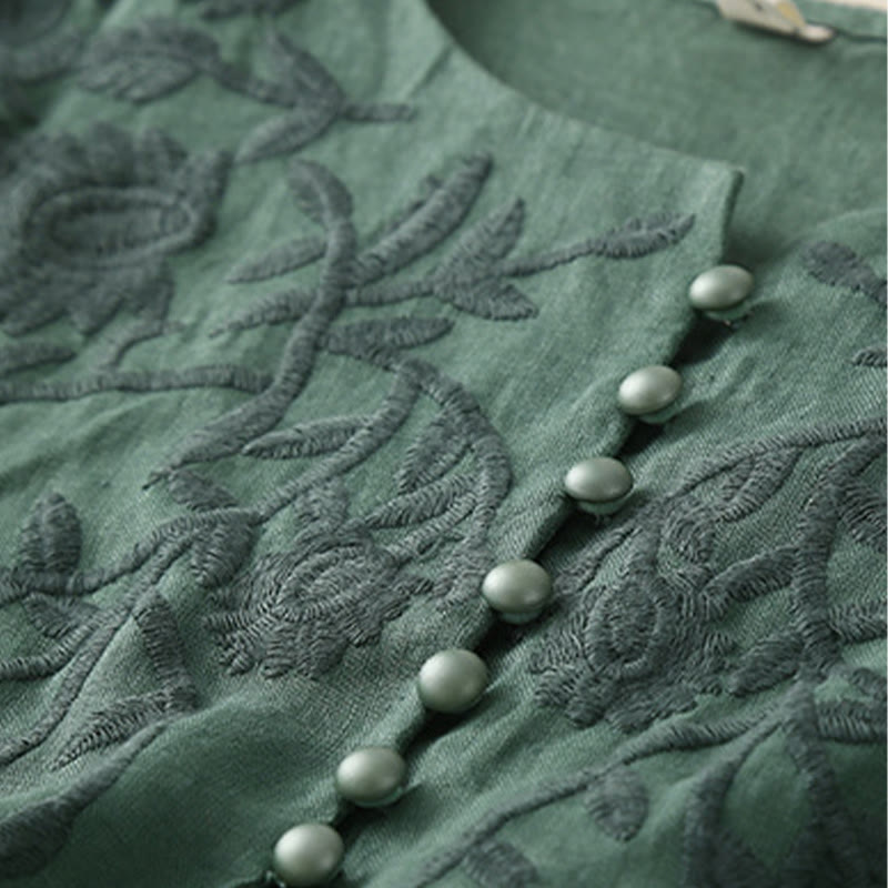 Chemises décontractées en coton et lin pour femmes, broderie florale, col rond, manches longues, Buddha Stones