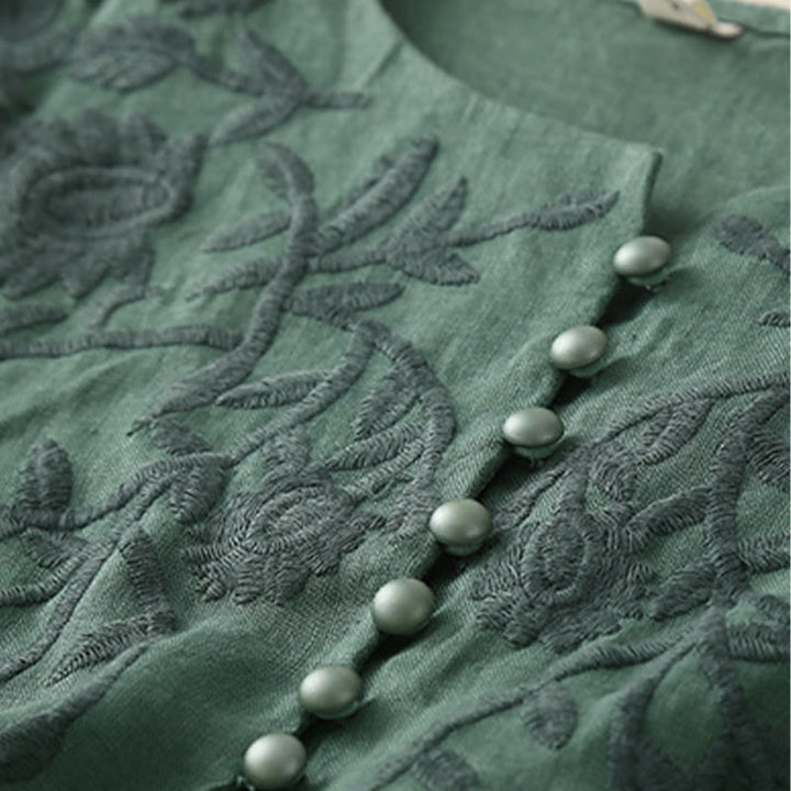 Chemises décontractées en coton et lin pour femmes, broderie florale, col rond, manches longues, Buddha Stones