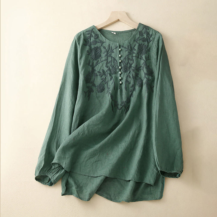 Chemises décontractées en coton et lin pour femmes, broderie florale, col rond, manches longues, Buddha Stones