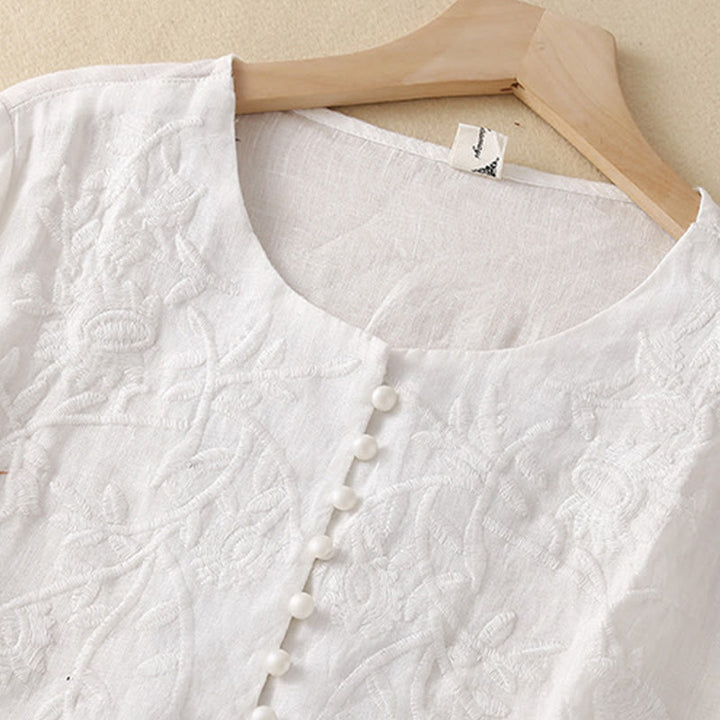Chemises décontractées en coton et lin pour femmes, broderie florale, col rond, manches longues, Buddha Stones