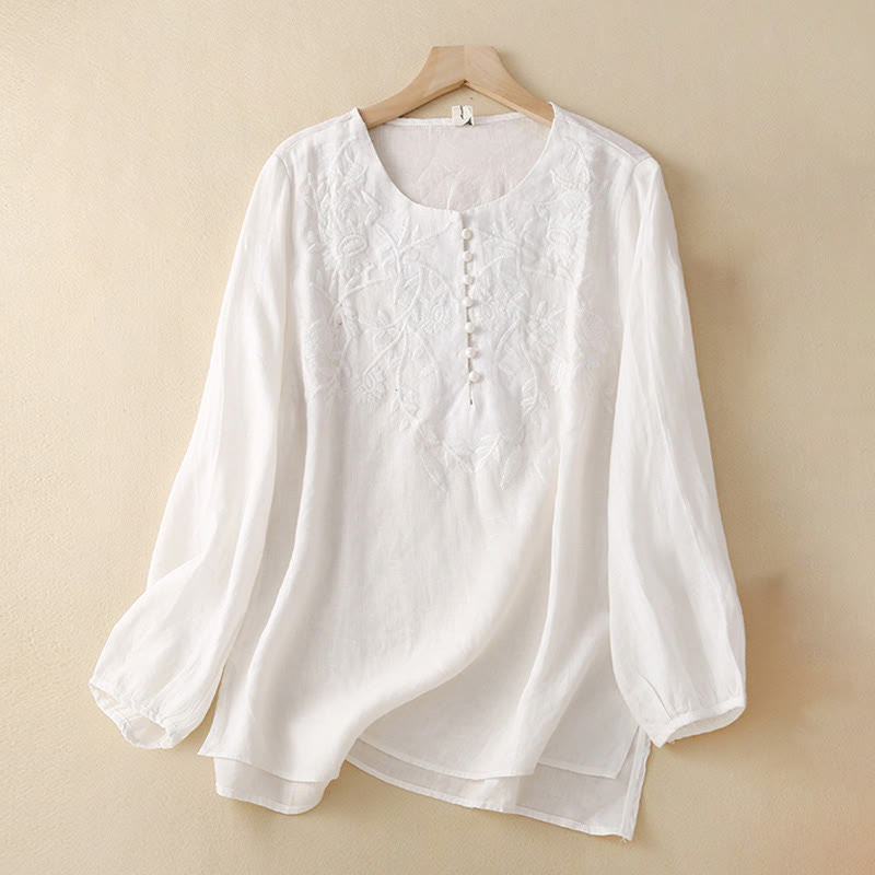 Chemises décontractées en coton et lin pour femmes, broderie florale, col rond, manches longues, Buddha Stones