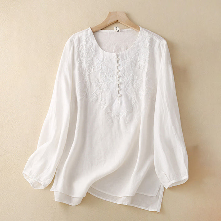 Chemises décontractées en coton et lin pour femmes, broderie florale, col rond, manches longues, Buddha Stones