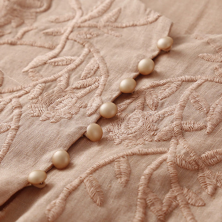 Chemises décontractées en coton et lin pour femmes, broderie florale, col rond, manches longues, Buddha Stones - image 4