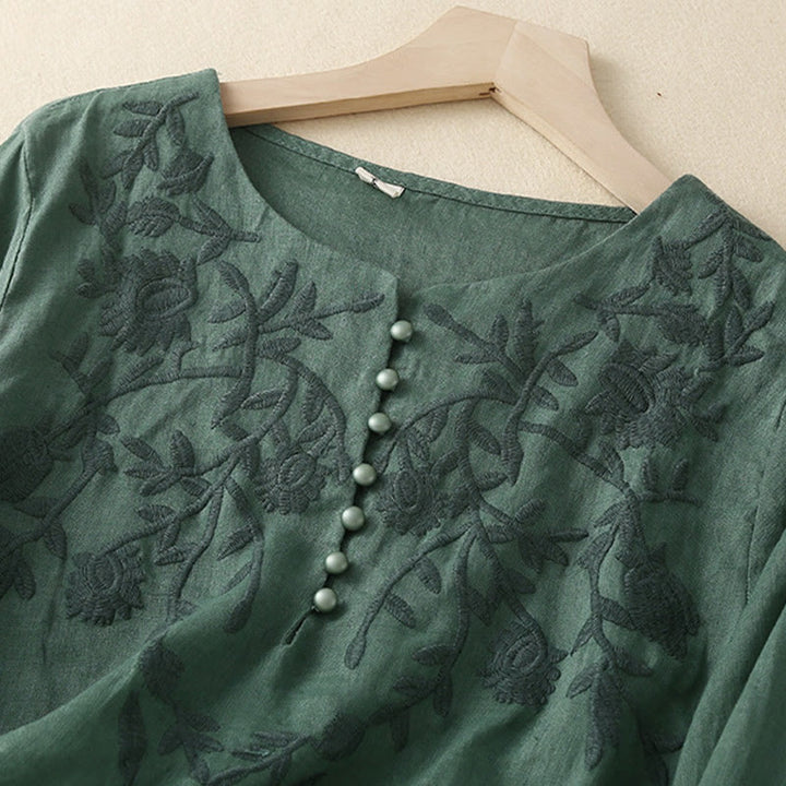 Chemises décontractées en coton et lin pour femmes, broderie florale, col rond, manches longues, Buddha Stones