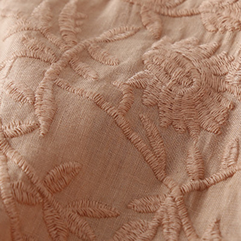 Chemises décontractées en coton et lin pour femmes, broderie florale, col rond, manches longues, Buddha Stones