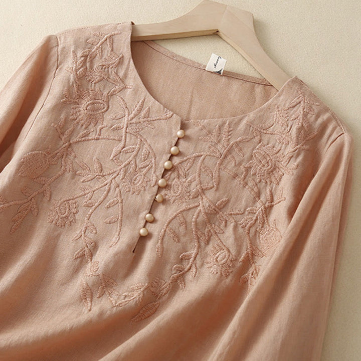 Chemises décontractées en coton et lin pour femmes, broderie florale, col rond, manches longues, Buddha Stones - image 2