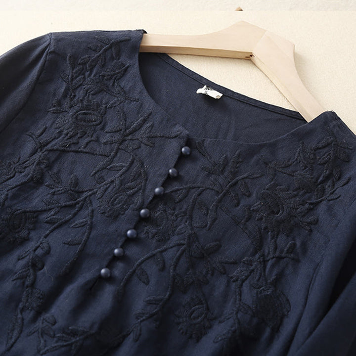 Chemises décontractées en coton et lin pour femmes, broderie florale, col rond, manches longues, Buddha Stones