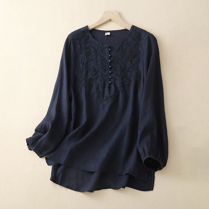 Chemises décontractées en coton et lin pour femmes, broderie florale, col rond, manches longues, Buddha Stones