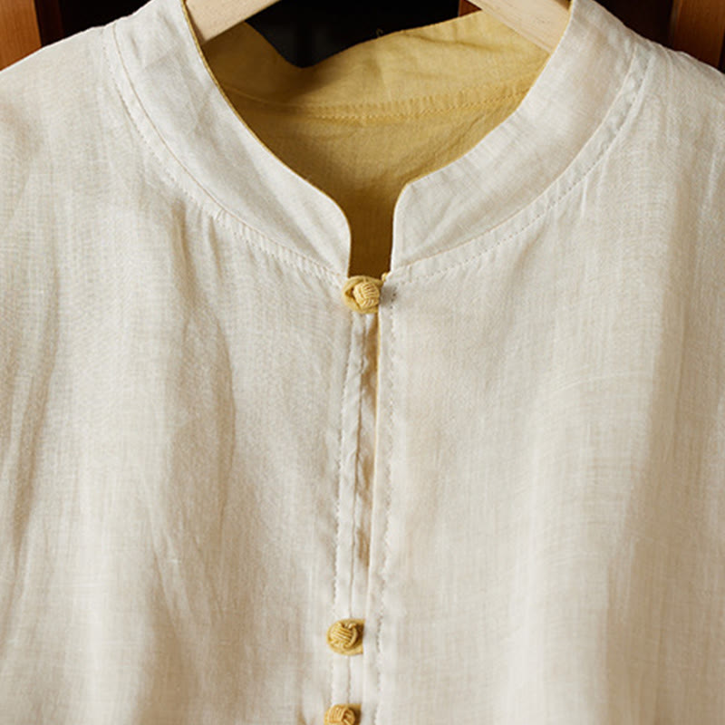 Chemise décontractée à manches longues et col en V avec Buddha Stones , grande taille, couleur unie, en coton et lin, pour femmes - image 9