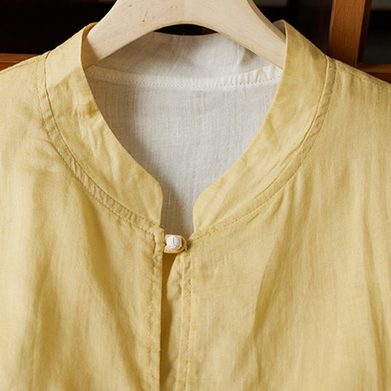 Chemise décontractée à manches longues et col en V avec Buddha Stones , grande taille, couleur unie, en coton et lin, pour femmes - image 2