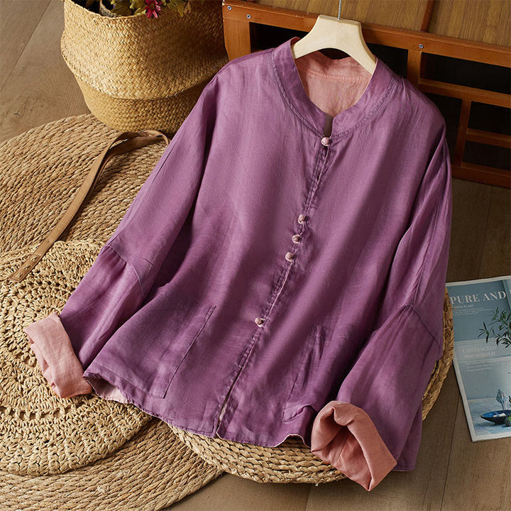Chemise décontractée à manches longues et col en V avec Buddha Stones , grande taille, couleur unie, en coton et lin, pour femmes - image 20
