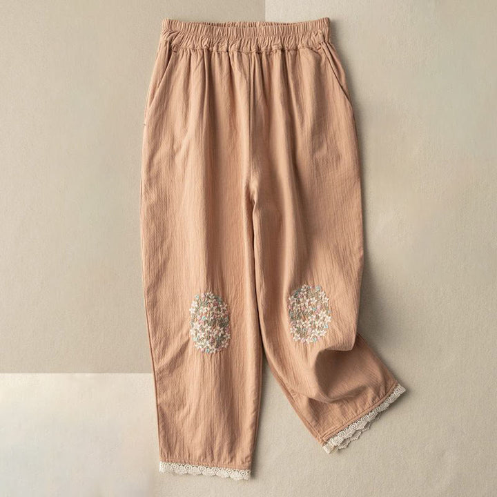 Pantalon sarouel décontracté en coton brodé avec bordure en dentelle et poches Buddha Stones