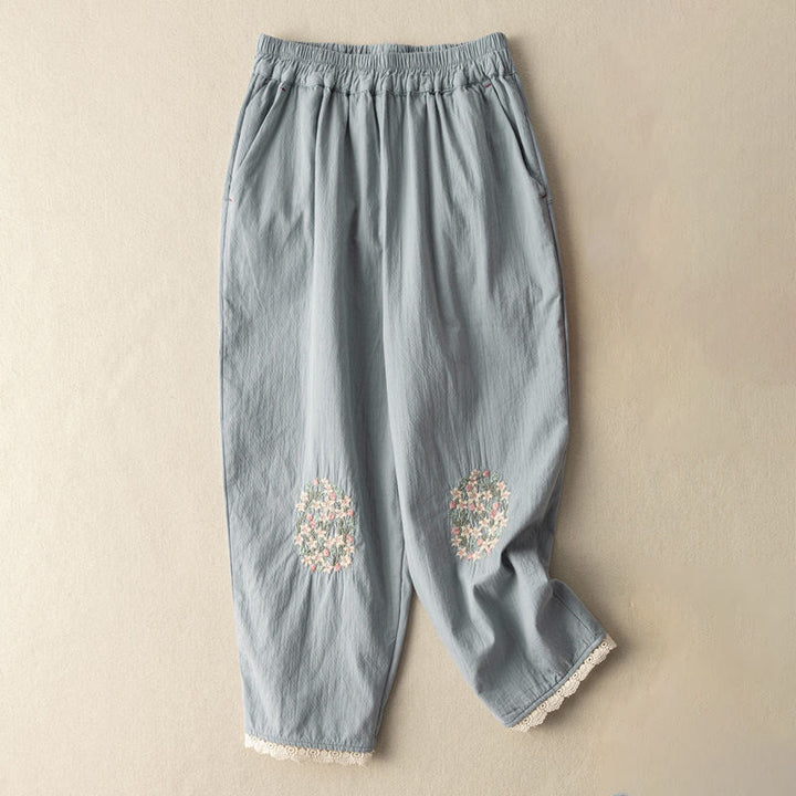 Pantalon sarouel décontracté en coton brodé avec bordure en dentelle et poches Buddha Stones