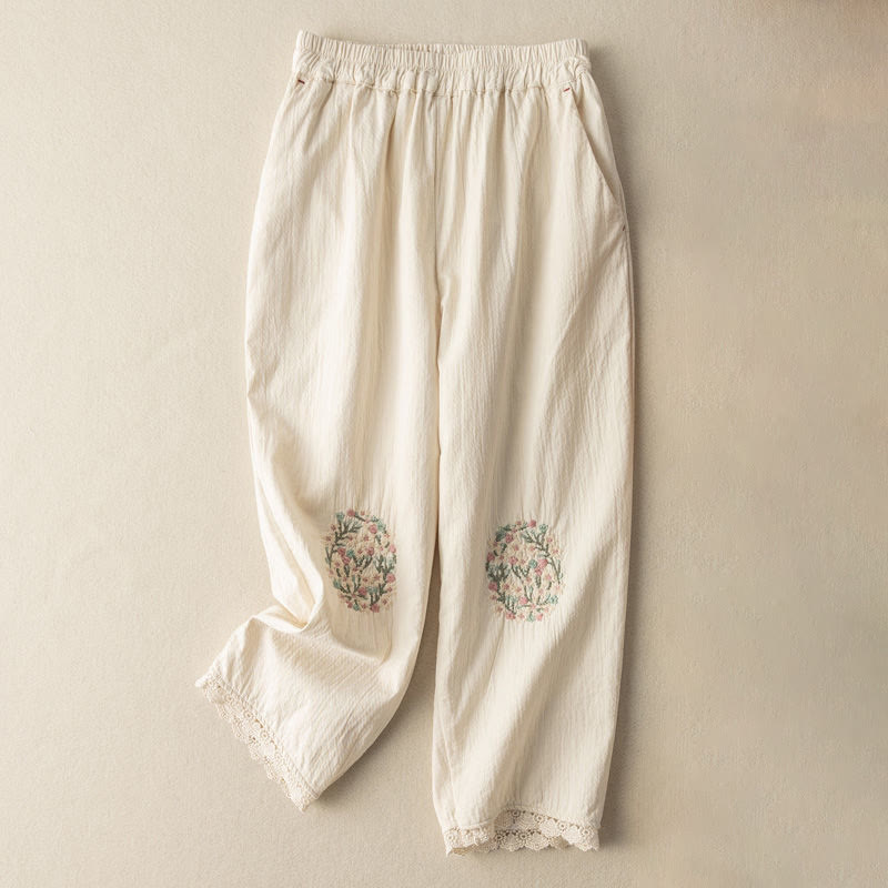 Pantalon sarouel décontracté en coton brodé avec bordure en dentelle et poches Buddha Stones
