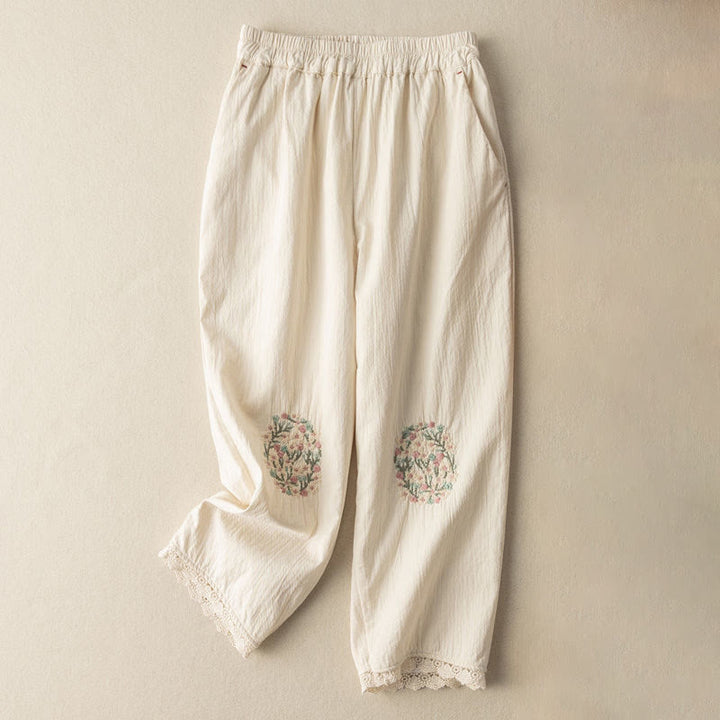 Pantalon sarouel décontracté en coton brodé avec bordure en dentelle et poches Buddha Stones
