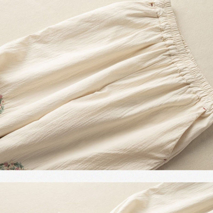 Pantalon sarouel décontracté en coton brodé avec bordure en dentelle et poches Buddha Stones