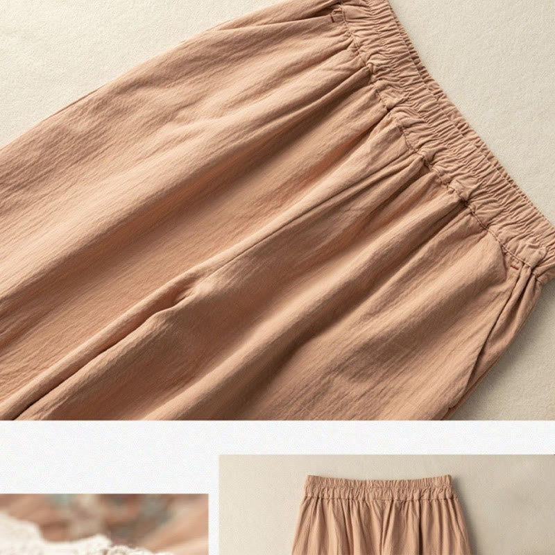 Pantalon sarouel décontracté en coton brodé avec bordure en dentelle et poches Buddha Stones