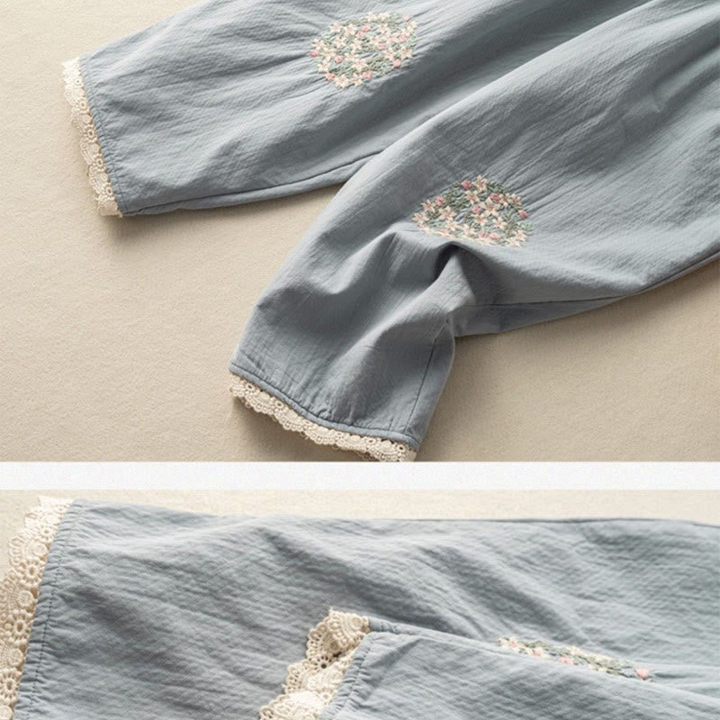 Pantalon sarouel décontracté en coton brodé avec bordure en dentelle et poches Buddha Stones