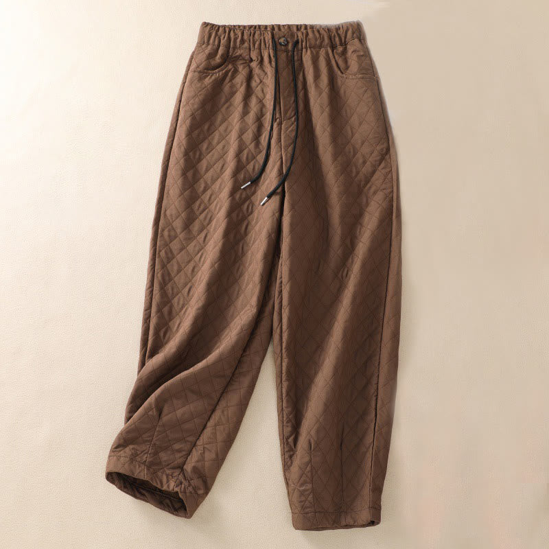Pantalon sarouel simple à carreaux en coton avec cordon de serrage et poches pour l'automne et l'hiver avec Buddha Stones - SaddleBrown - US14，UK/AU18，EU46 (4XL) - image 0