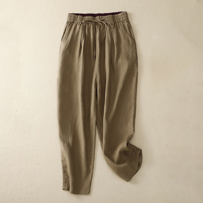 Pantalon sarouel vintage taille haute en coton et lin à lacets avec poches Buddha Stones - DarkGoldenrod - US8-10，UK/AU12-14，EU40-42 (2XL) - image 0