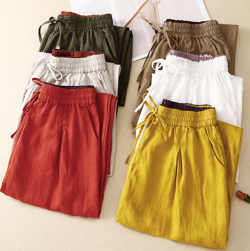 Pantalon sarouel vintage taille haute en coton et lin à lacets avec poches Buddha Stones - image 1