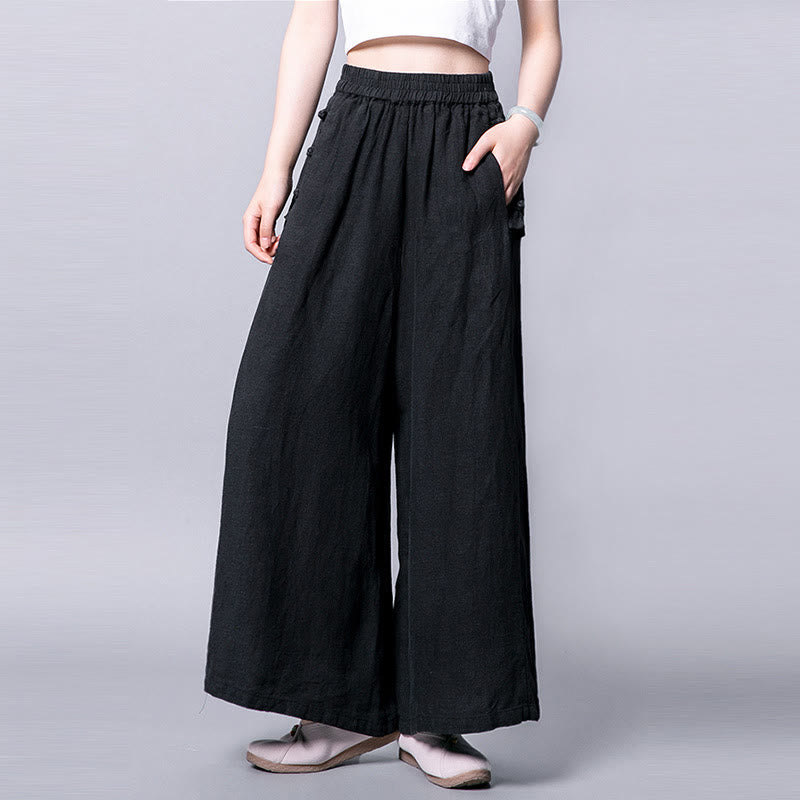 Pantalon décontracté taille haute à jambes larges en coton avec boutons grenouille et poches Buddha Stones