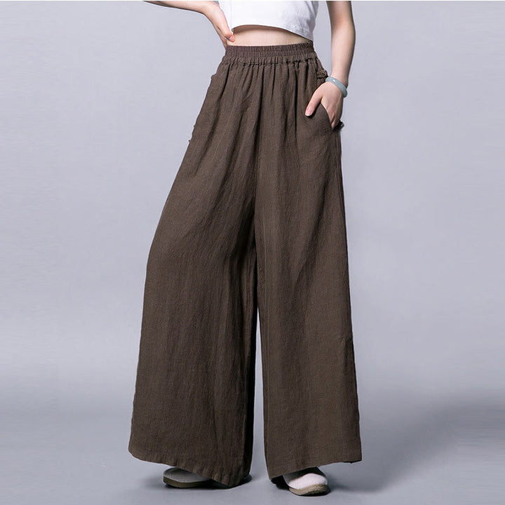 Pantalon décontracté taille haute à jambes larges en coton avec boutons grenouille et poches Buddha Stones