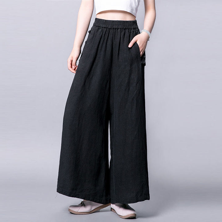 Pantalon décontracté à taille haute et jambes larges, orné de boutons grenouille et de poches , de la Buddha Stones - Noir - US12，UK/AU16，EU44 (3XL) - image 8