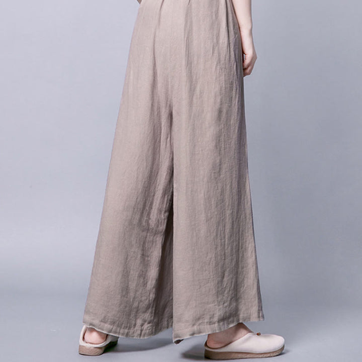 Pantalon décontracté taille haute à jambes larges en coton avec boutons grenouille et poches Buddha Stones