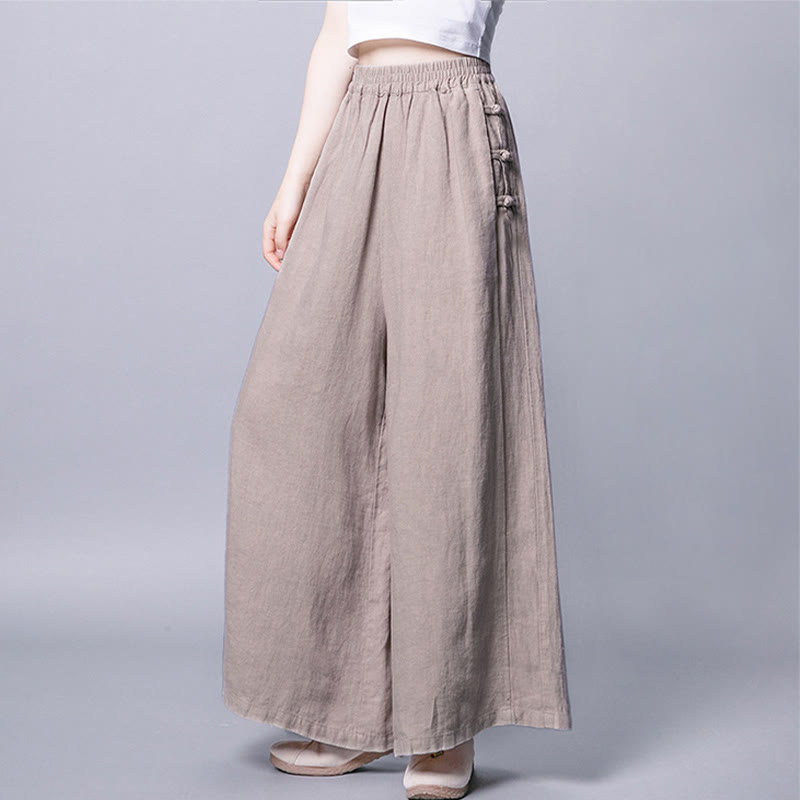 Pantalon décontracté taille haute à jambes larges en coton avec boutons grenouille et poches Buddha Stones