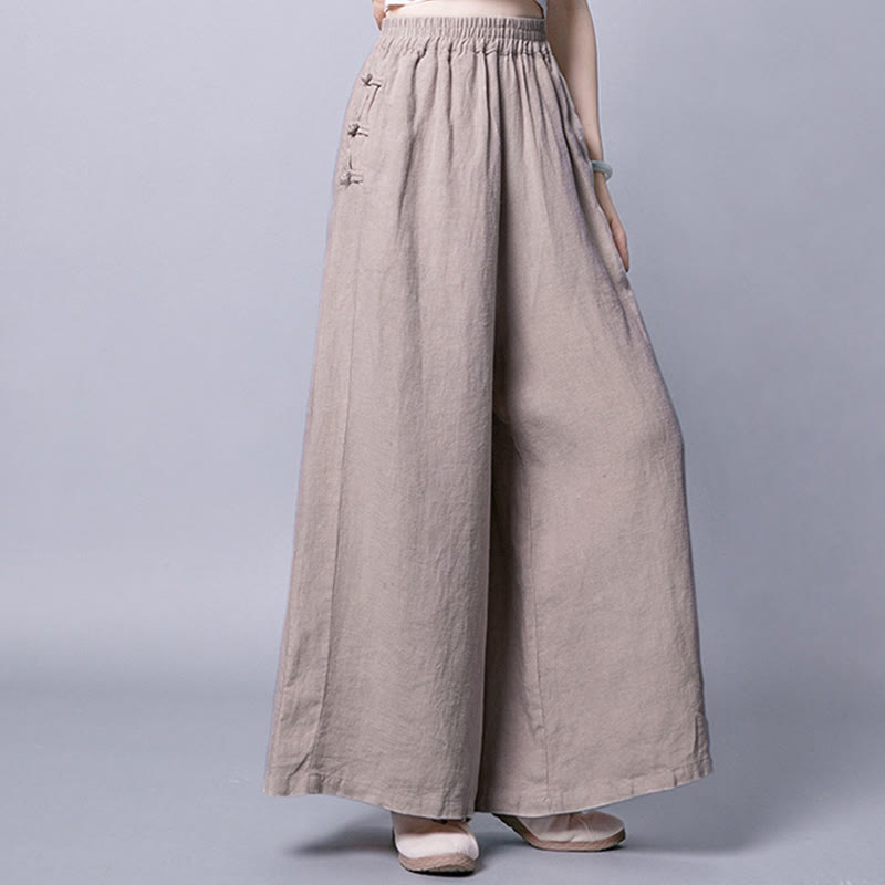 Pantalon décontracté taille haute à jambes larges en coton avec boutons grenouille et poches Buddha Stones