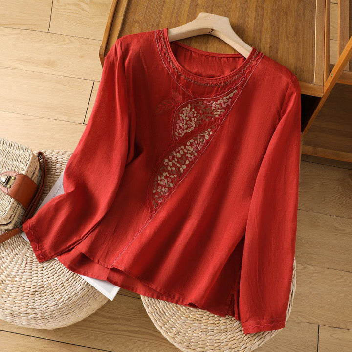 Pull ras du cou en coton et lin avec broderie ethnique Buddha Stones - Rouge - US8-10，UK/AU12-14，EU40-42 (2XL) - image 11