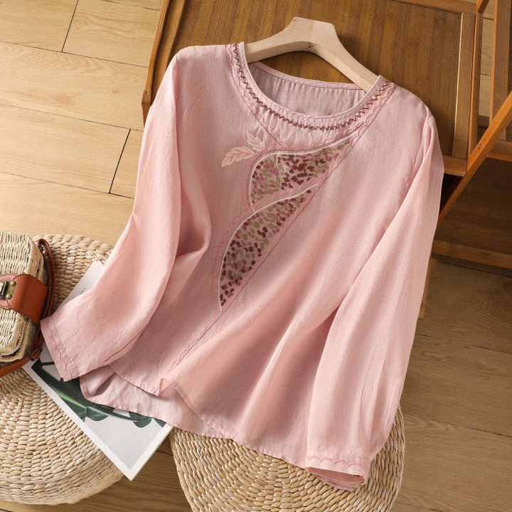 Pull ras du cou en coton et lin avec broderie ethnique Buddha Stones - Rose - US8-10，UK/AU12-14，EU40-42 (2XL) - image 19