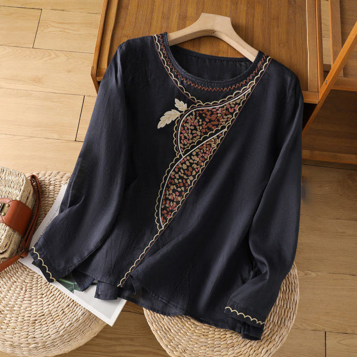 Pull ras du cou en coton et lin avec broderie ethnique Buddha Stones - Bleu nuit - US8-10，UK/AU12-14，EU40-42 (2XL) - image 4