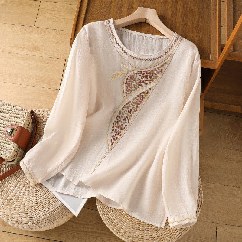 Pull ras du cou en coton et lin avec broderie ethnique Buddha Stones - Bisque - US8-10，UK/AU12-14，EU40-42 (2XL) - image 1