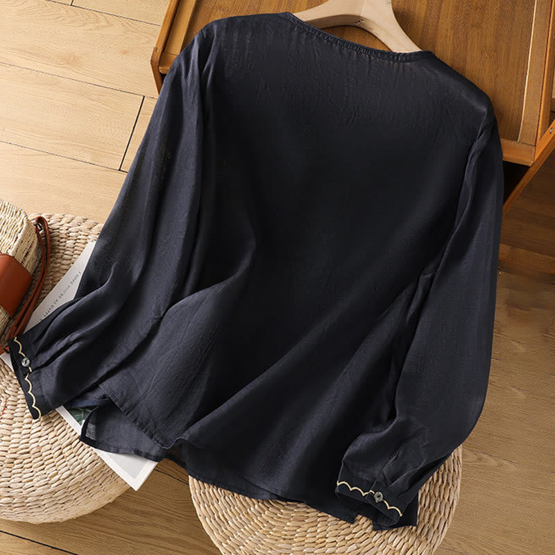 Pull ras du cou en coton et lin avec broderie ethnique Buddha Stones - image 5