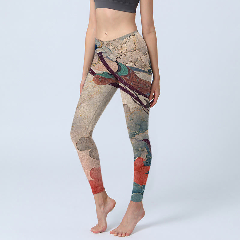 Leggings de fitness en tissu lycra imprimé Buddha Stones Dunhuang Flying Apsaras Nuages ​​de bon augure Pantalon de yoga pour femme - Tanné - US18，UK/AU22，EU50 (4XL) - image 1
