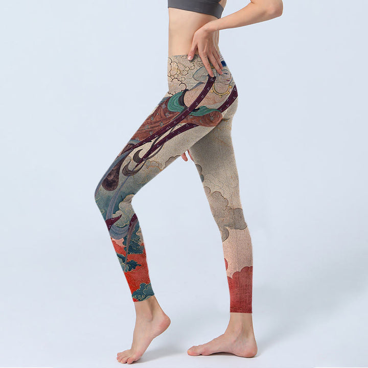 Leggings de fitness en tissu lycra imprimé Buddha Stones Dunhuang Flying Apsaras Nuages ​​de bon augure Pantalon de yoga pour femme - image 3