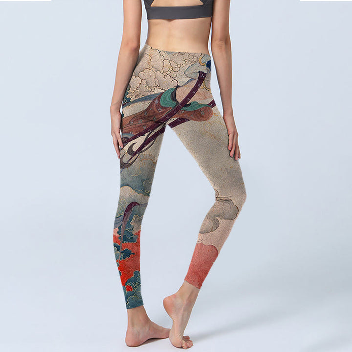 Leggings de fitness en tissu lycra imprimé Buddha Stones Dunhuang Flying Apsaras Nuages ​​de bon augure Pantalon de yoga pour femme - image 4