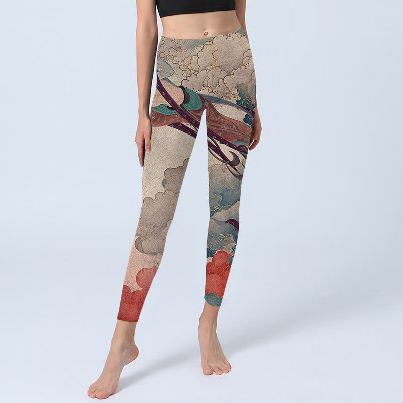Leggings de fitness en tissu lycra imprimé Buddha Stones Dunhuang Flying Apsaras Nuages ​​de bon augure Pantalon de yoga pour femme - image 7