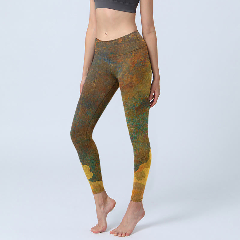 Leggings de fitness en tissu lycra imprimé Buddha Stones et nuages ​​de bon augure pour femmes - Verge d'or foncée - US18，UK/AU22，EU50 (4XL) - image 1