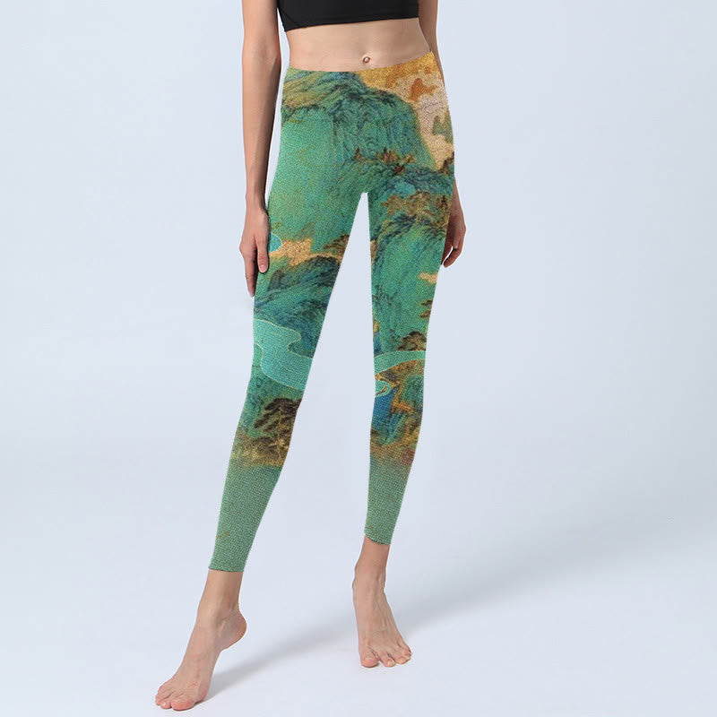 Leggings de fitness en tissu lycra imprimé paysage de montagnes vertes de style chinois Buddha Stones Pantalon de yoga pour femme - image 6