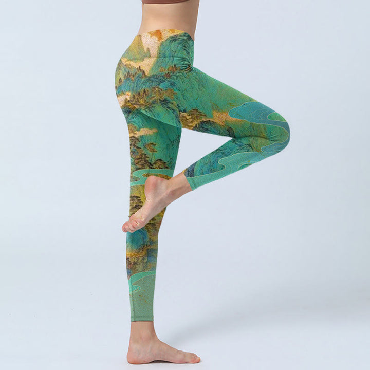 Leggings de fitness en tissu lycra imprimé paysage de montagnes vertes de style chinois Buddha Stones Pantalon de yoga pour femme - image 5
