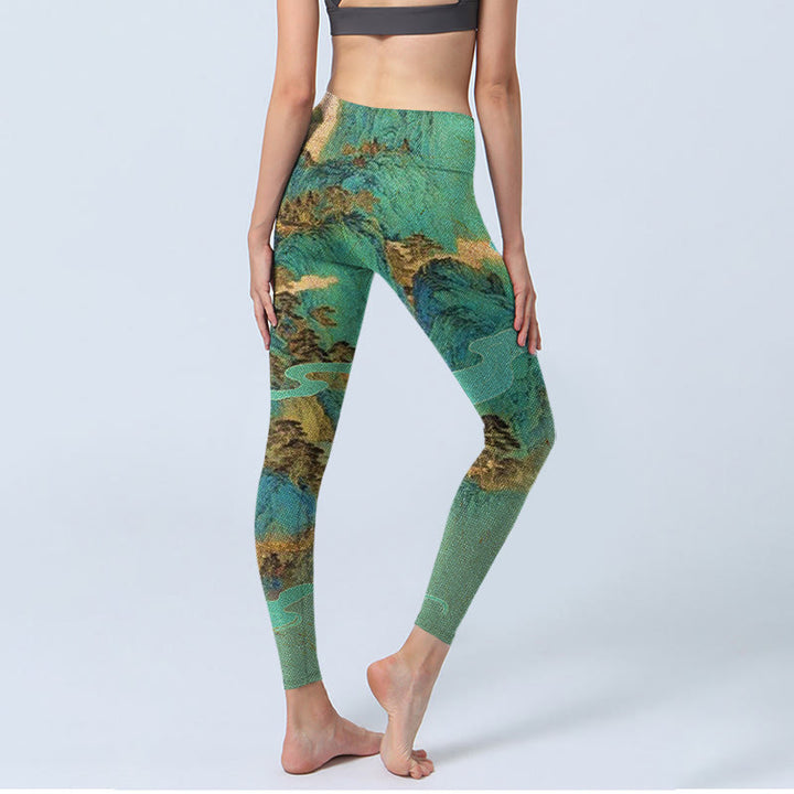 Leggings de fitness en tissu lycra imprimé paysage de montagnes vertes de style chinois Buddha Stones Pantalon de yoga pour femme - image 4