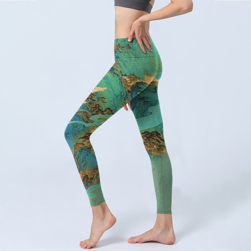 Leggings de fitness en tissu lycra imprimé paysage de montagnes vertes de style chinois Buddha Stones Pantalon de yoga pour femme - image 3