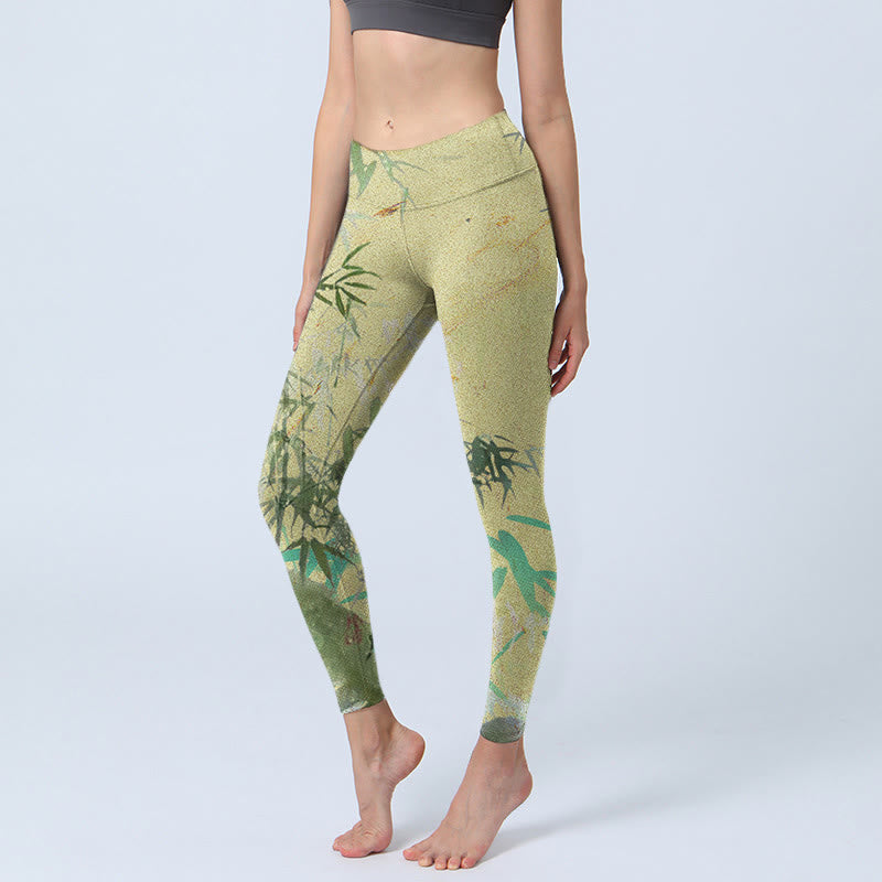 Leggings de fitness en tissu lycra imprimé bambou Buddha Stones Pantalon de yoga pour femme - Verge d'or pâle - US18，UK/AU22，EU50 (4XL) - image 1