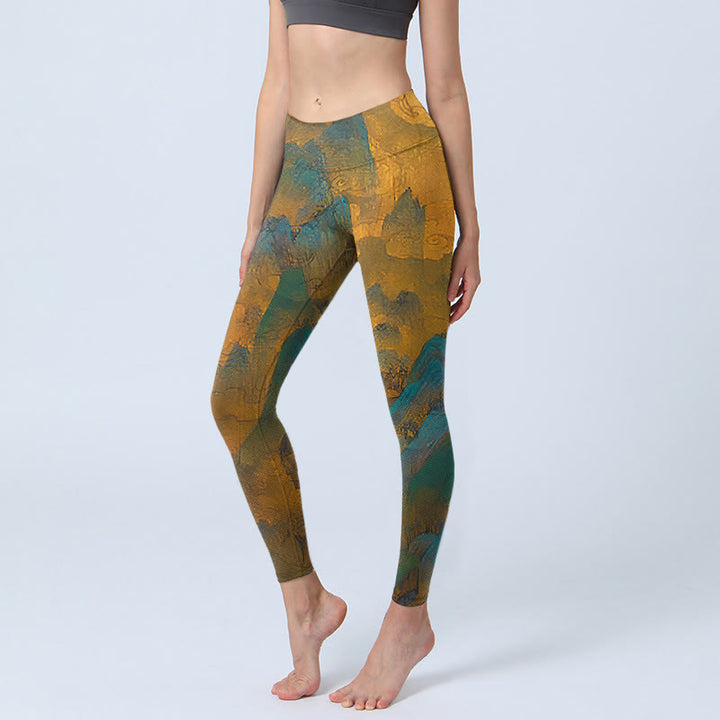 Leggings de fitness en tissu lycra imprimé Buddha Stones Dark Goldenrod Mountain Pantalon de yoga pour femme - verge d'or foncée - US18，UK/AU22，EU50 (4XL) - image 0