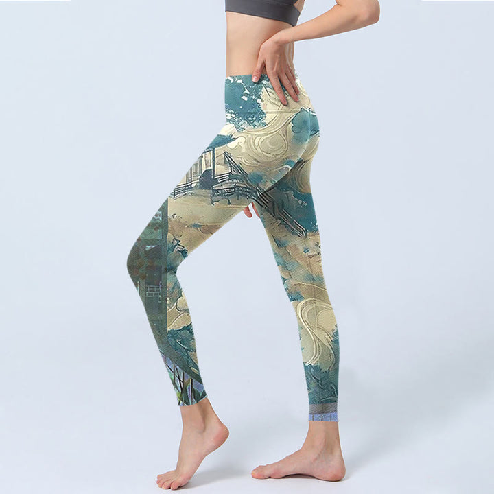 Leggings de fitness en tissu lycra imprimé Buddha Stones architecture chinoise vert mer foncé pantalons de yoga pour femmes - image 3