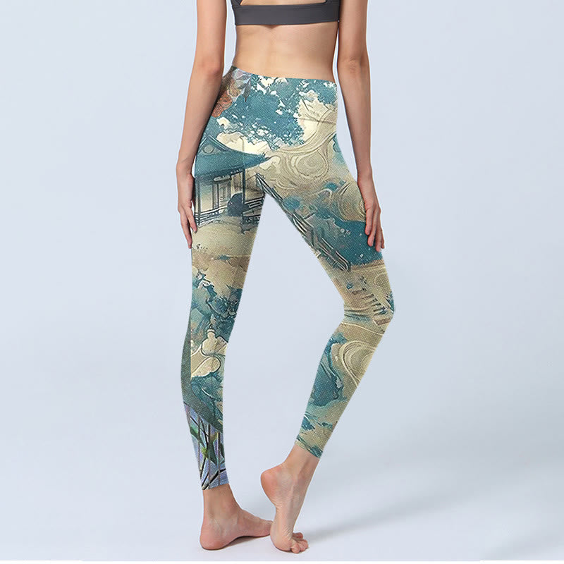 Leggings de fitness en tissu lycra imprimé Buddha Stones architecture chinoise vert mer foncé pantalons de yoga pour femmes - image 4